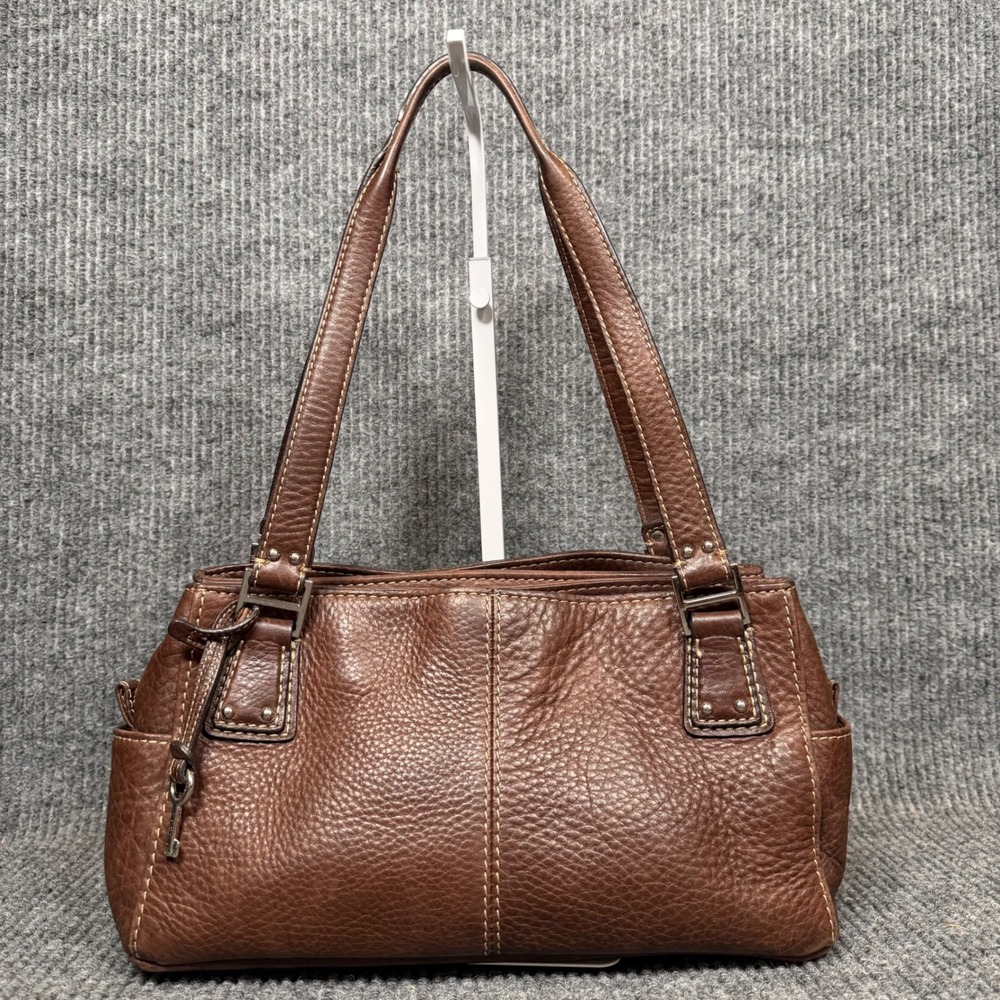Vtg Y2K Fossil Satchel Bag Brown Pebbled Leather Top Handle Purse Key Charm EUC